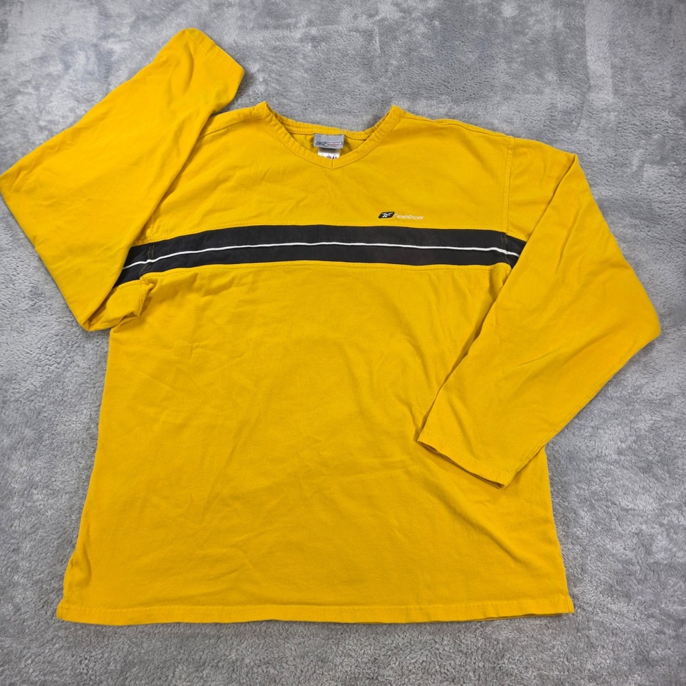 Reebok Vintage Striped V-Neck Long Sleeve T-Shirt Yellow XL Men Retro Streetwear